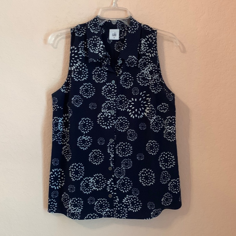 CAbi Wish Top (Item 5215).  Navy background with white abstract floral print.